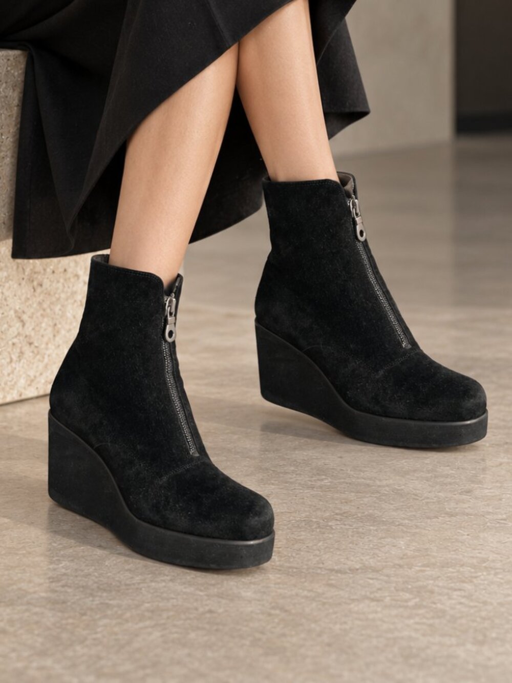 Vintage 90s Ferragamo Boutique Black Suede Zip Wedge Boots 6.5 B
